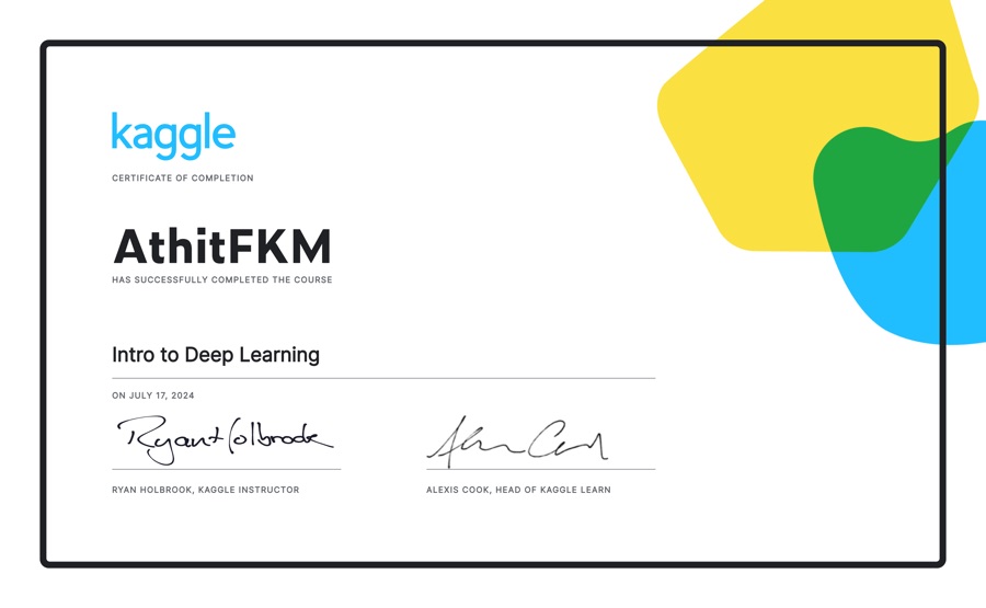 Kaggle certificate of completion: Intro to Deep Learning