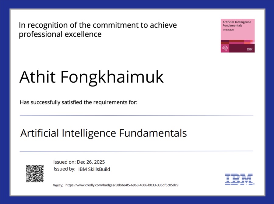 IBM SkillsBuild certificate: Artificial Intelligence Fundamentals, issued December 26, 2025